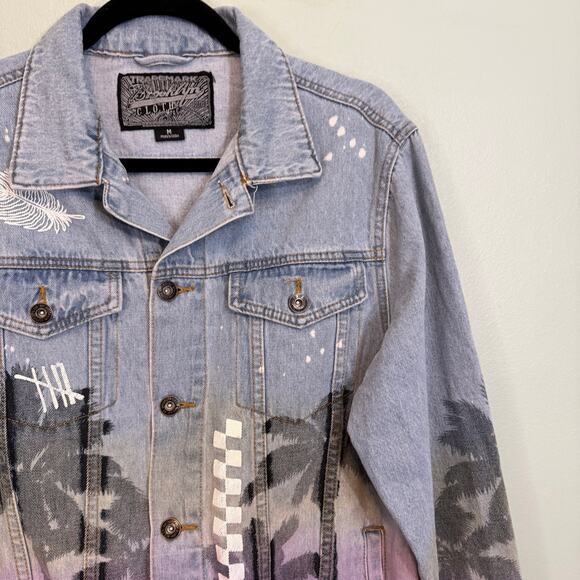 Brooklyn Cloth Co. Trucker Jean Jacket Mens M Blue Denim Graffiti Palm Tropical - Picture 3 of 8